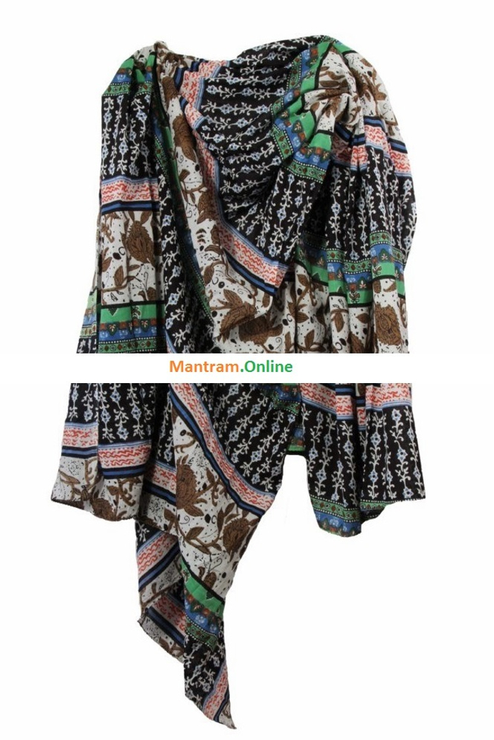 Палантин-парео Хлопок 100% Цветы полосы, зеленый, оранжевый, черный 110x170 см.