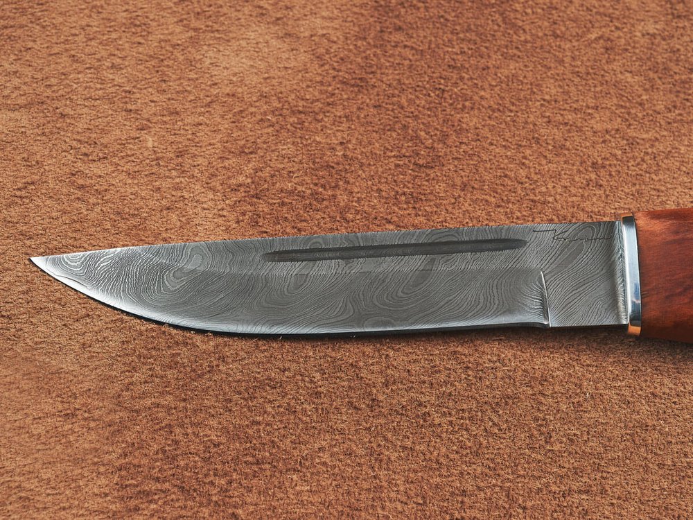 Финский нож Пуукко, дамасская сталь, рукоять мореная карельская берёза