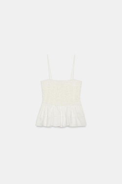 ZARA ТОП С БАСКОЙ И РЕЗИНКОЙ С СОТАМИ, БЕЛЫЙ