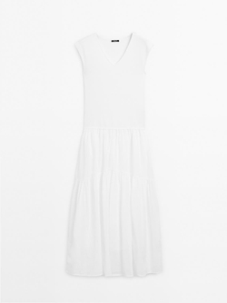 Massimo Dutti Длинное платье с контрастным V-образным вырезом, белый