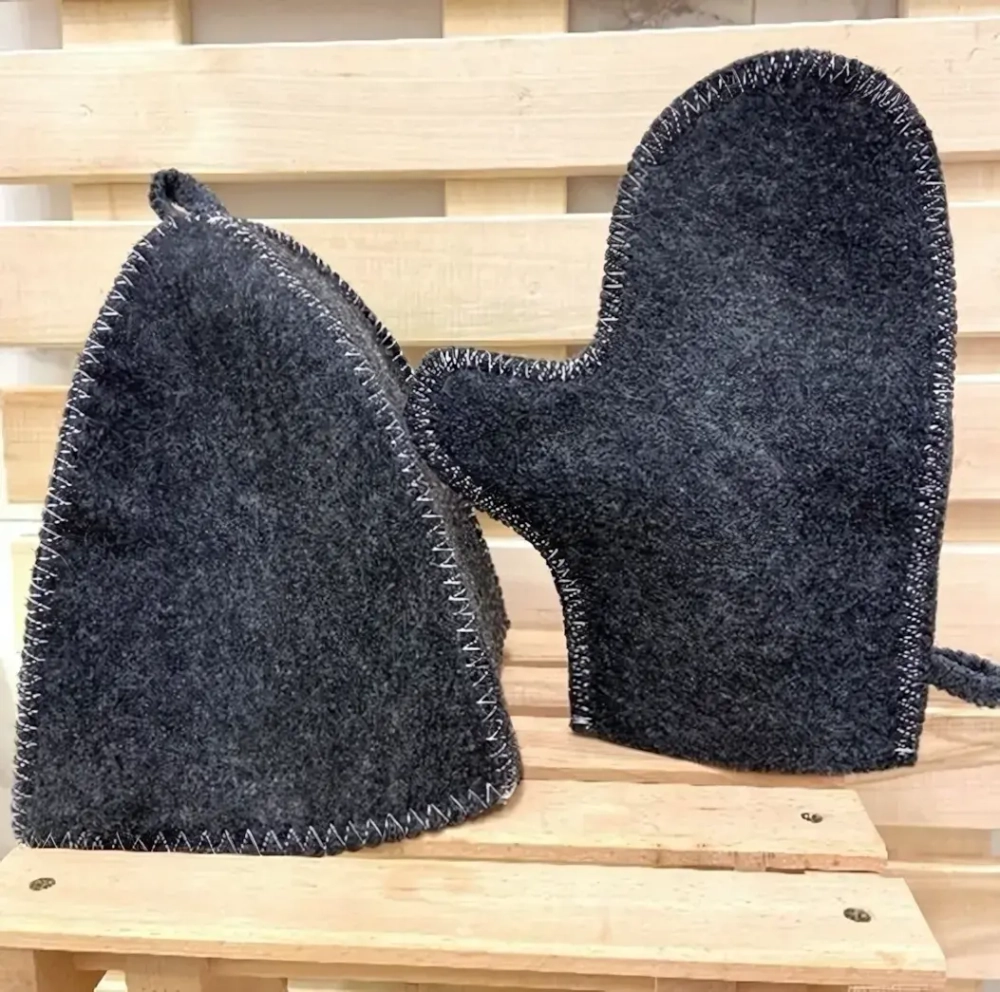 Набор банный без вышивки серый «Классика» 2 предмета (шапка, варежка) (евро)