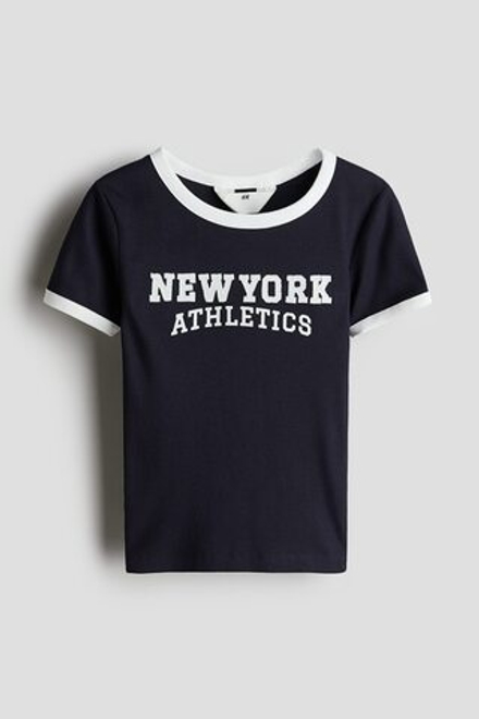 H&M Футболка из хлопка с принтом, темно-синий