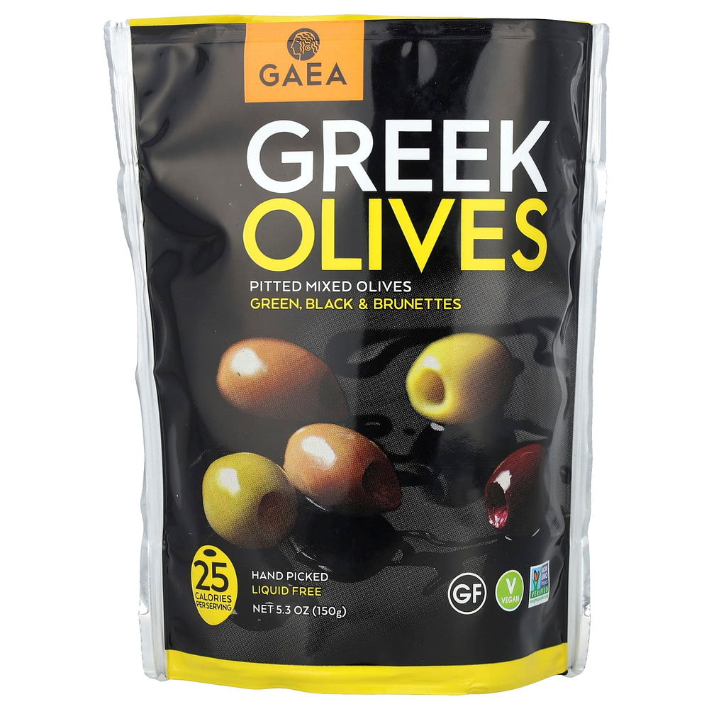 Gaea, греческие оливки, смешанные оливки без косточек, зеленые, черные и коричневатые, 150 г (5,3 унции)