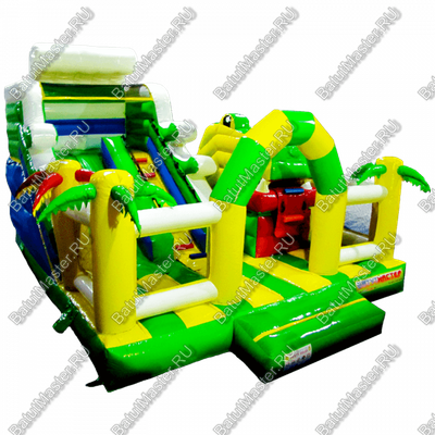 Коммерческий батут "Белый клык" желто-зелёный с механизированной головой, размер 6*6*4 м