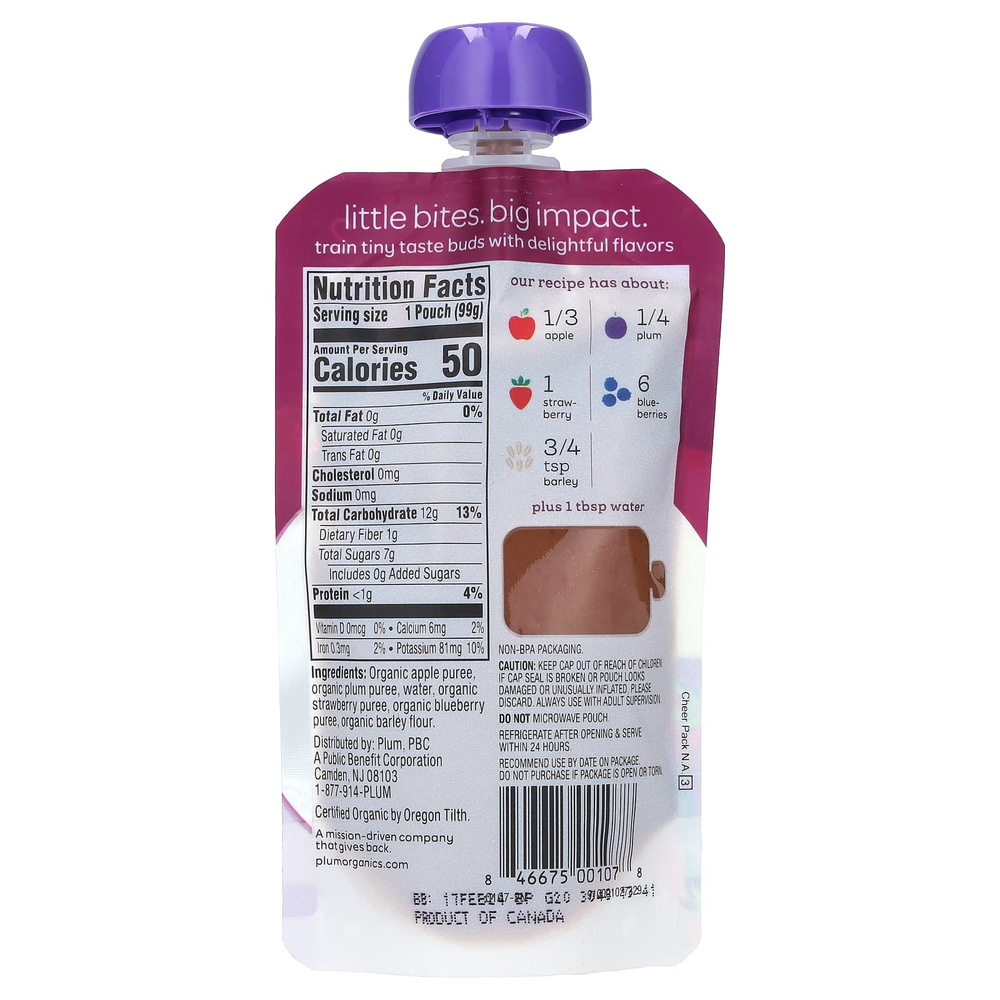 Plum Organics, органическое детское питание, от 6 месяцев, яблоко, слива, ягоды и ячмень, 99 г (3,5 унции)