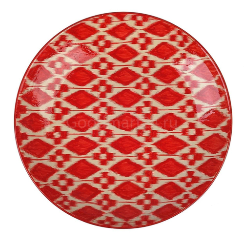 Ляган Красный Атлас Риштанская Керамика 42 см. плоский