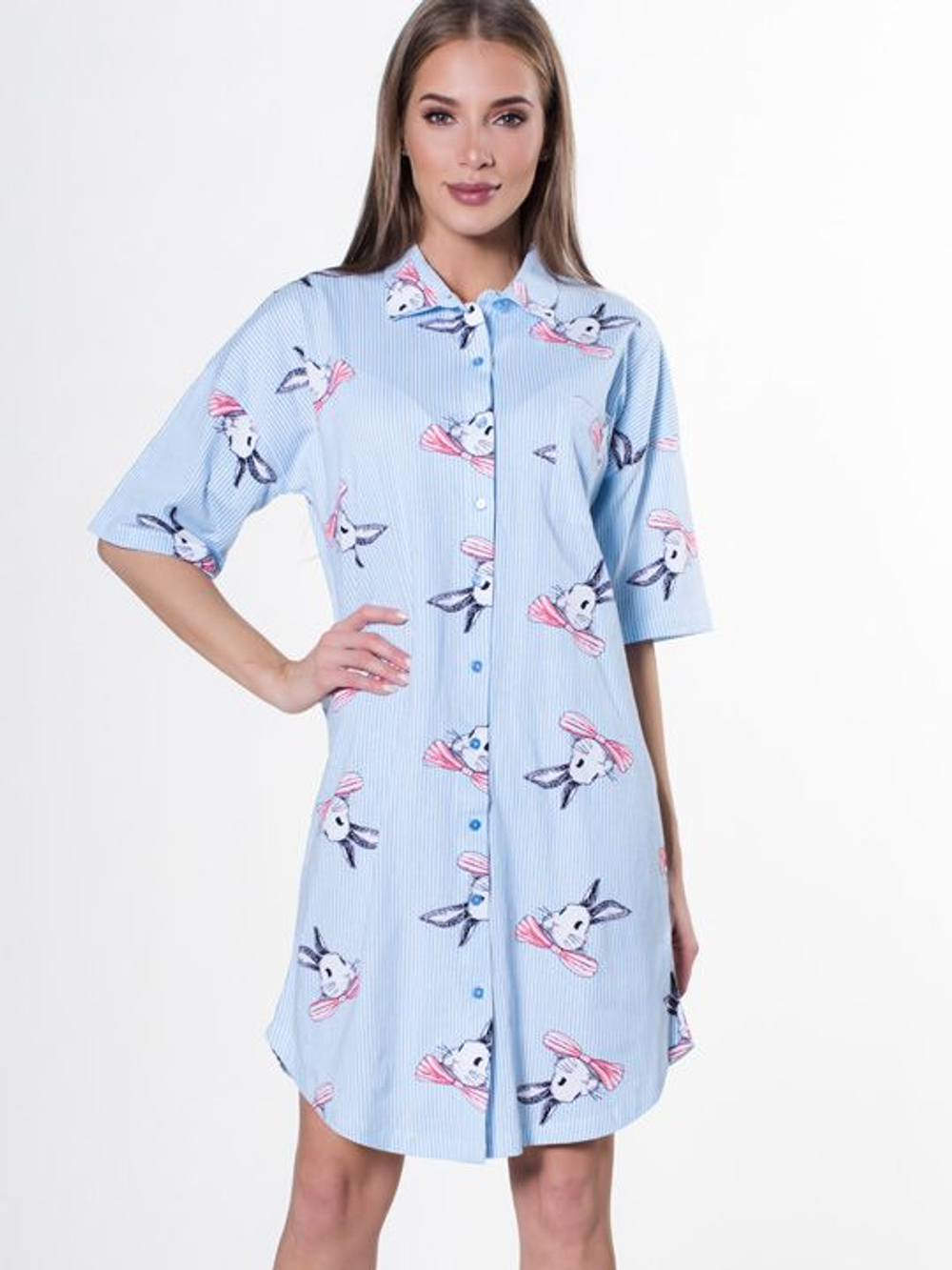 Трикотажное платье-рубашка на пуговицах (Размер: XL) (Цвет: голубой)
