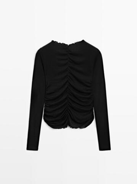 Massimo Dutti Футболка со сборкой и длинными рукавами, черный