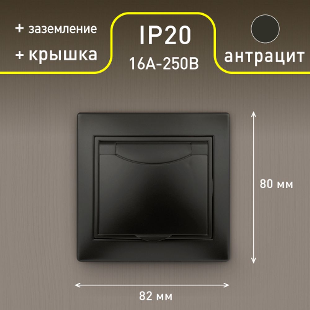 Розетка Intro Plano 1-203-05 с заземлением 2P+E Schuko с крышкой, 16А-250В, IP20, СУ, антрацит