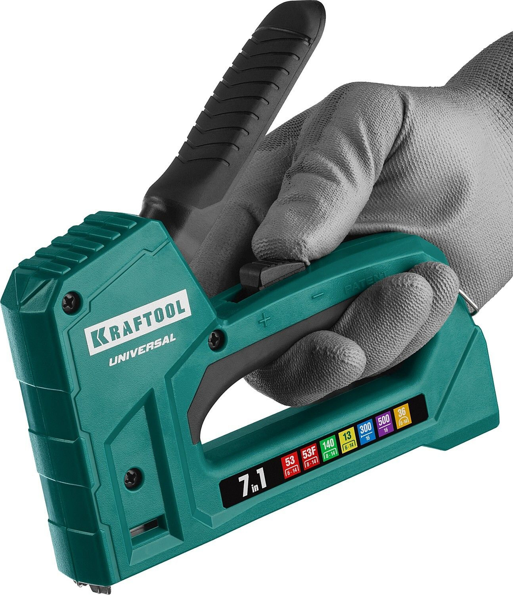 Степлер строительный (мебельный) с регулировкой силы удара, для скоб (тип 53, 140, 300, 500, 36) механический KRAFTOOL 7 В 1