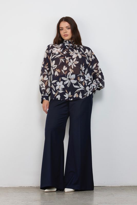 Блузка из шифона, цветочный принт, синий