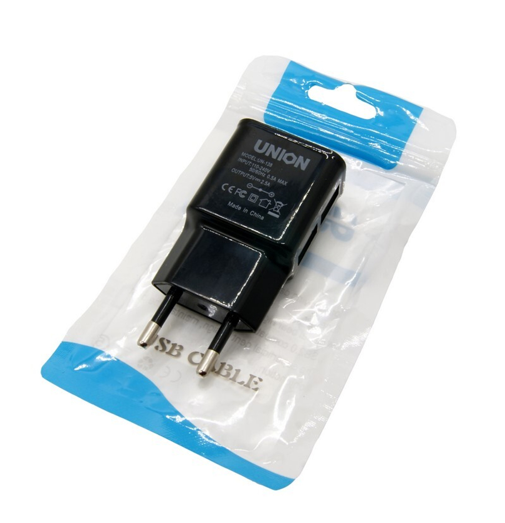 Сетевой адаптер питания Union MS01 2USB LED 2A (черный) в пакете