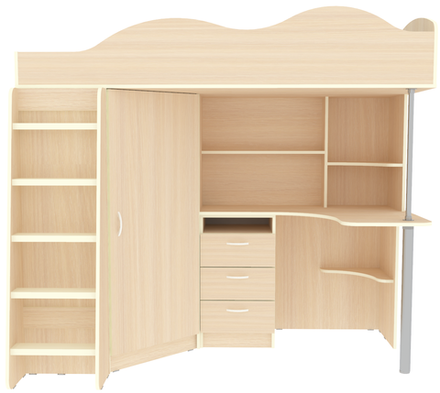 Кровать-чердак КарИВи Пионер с деревянной лестницей  Дуб Молочный  Дуб Молочный