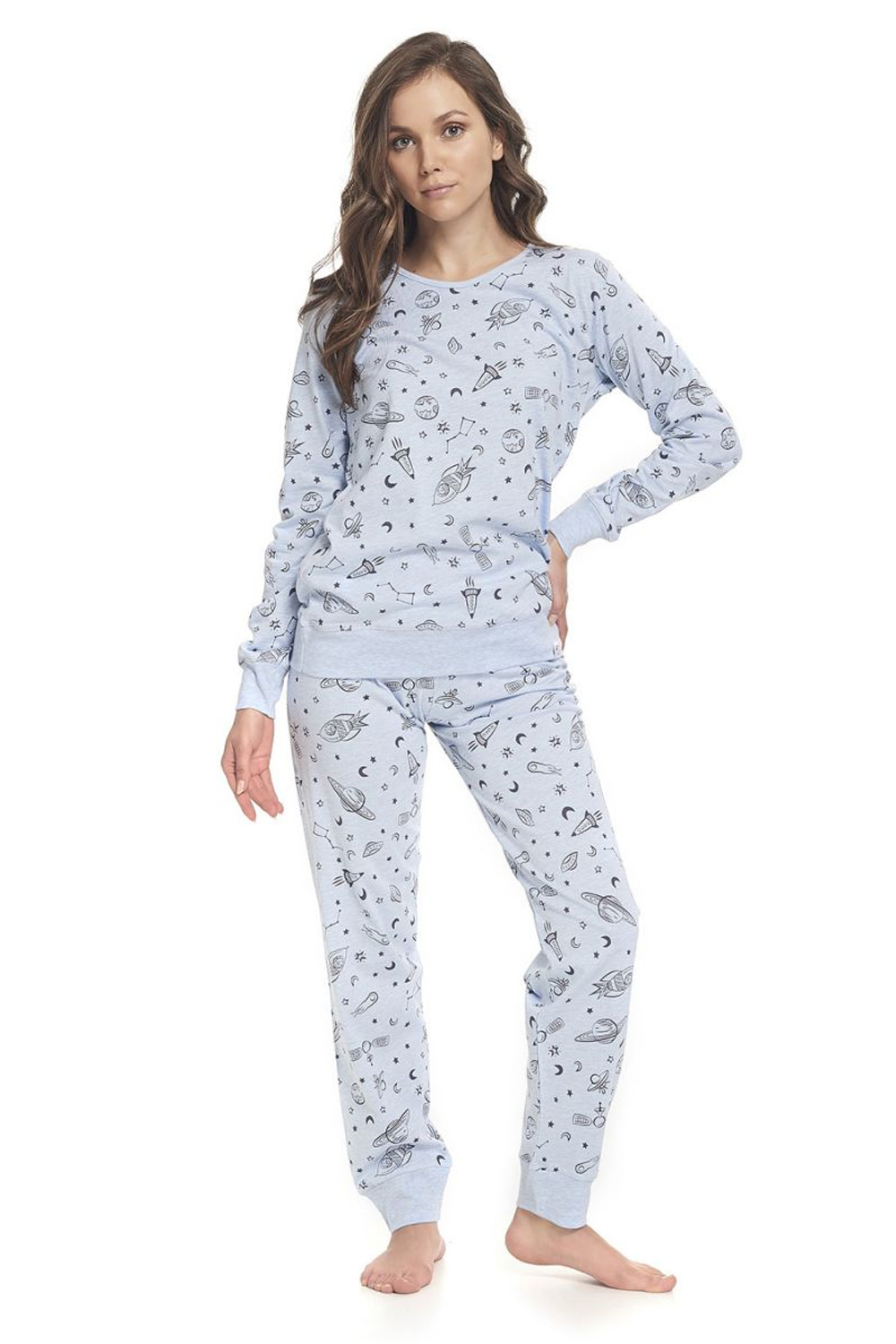 Пижама с длинными рукавами и космическим принтом (Размер: L) (Цвет: нежно-голубой)