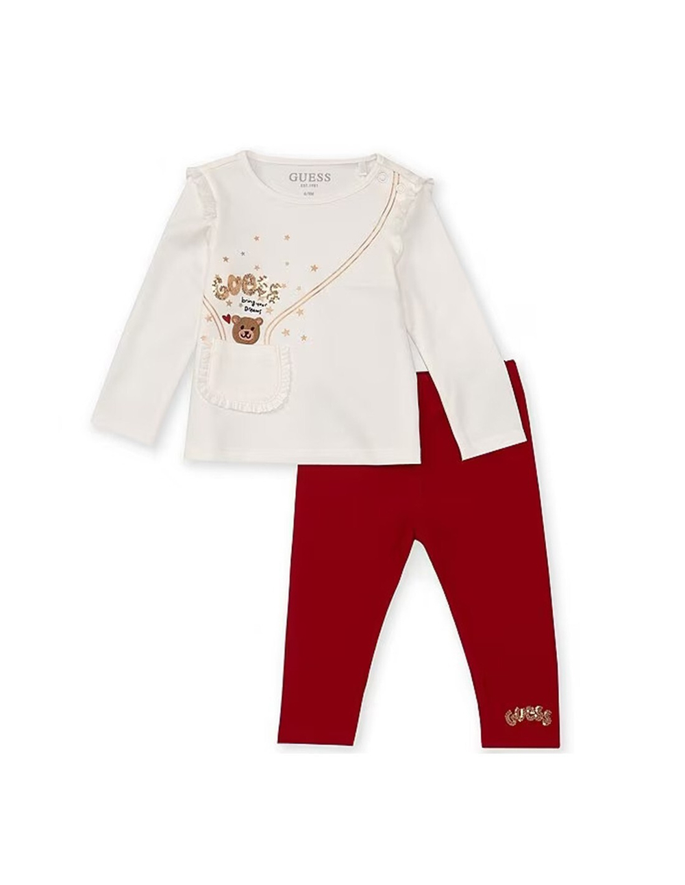 Футболка с длинным рукавом + леггинсы GUESS Экрю/Красный/Золотые пайетки/Вышивка: голова мишки Девочка