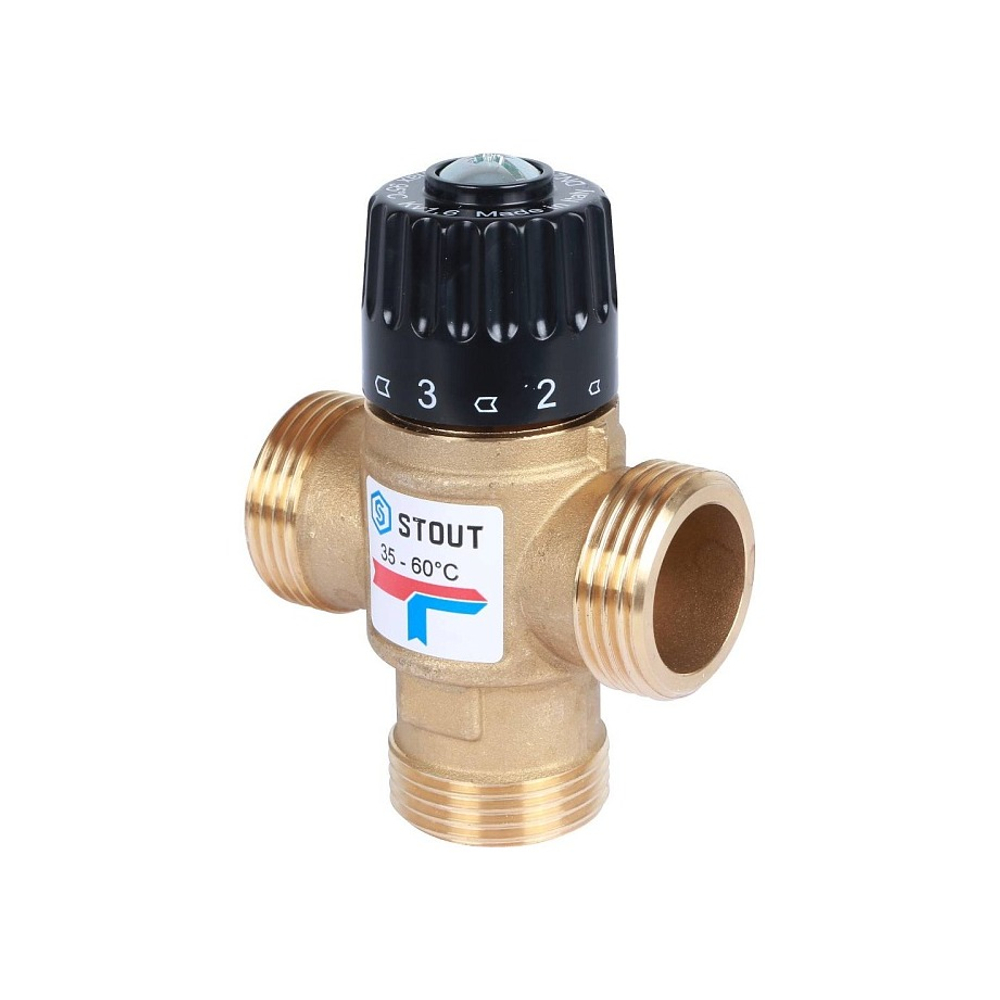 Клапан термостатический смесительный STOUT - 1" (НР, 35-60°C, Kvs 1.6, L-образное смешивание)