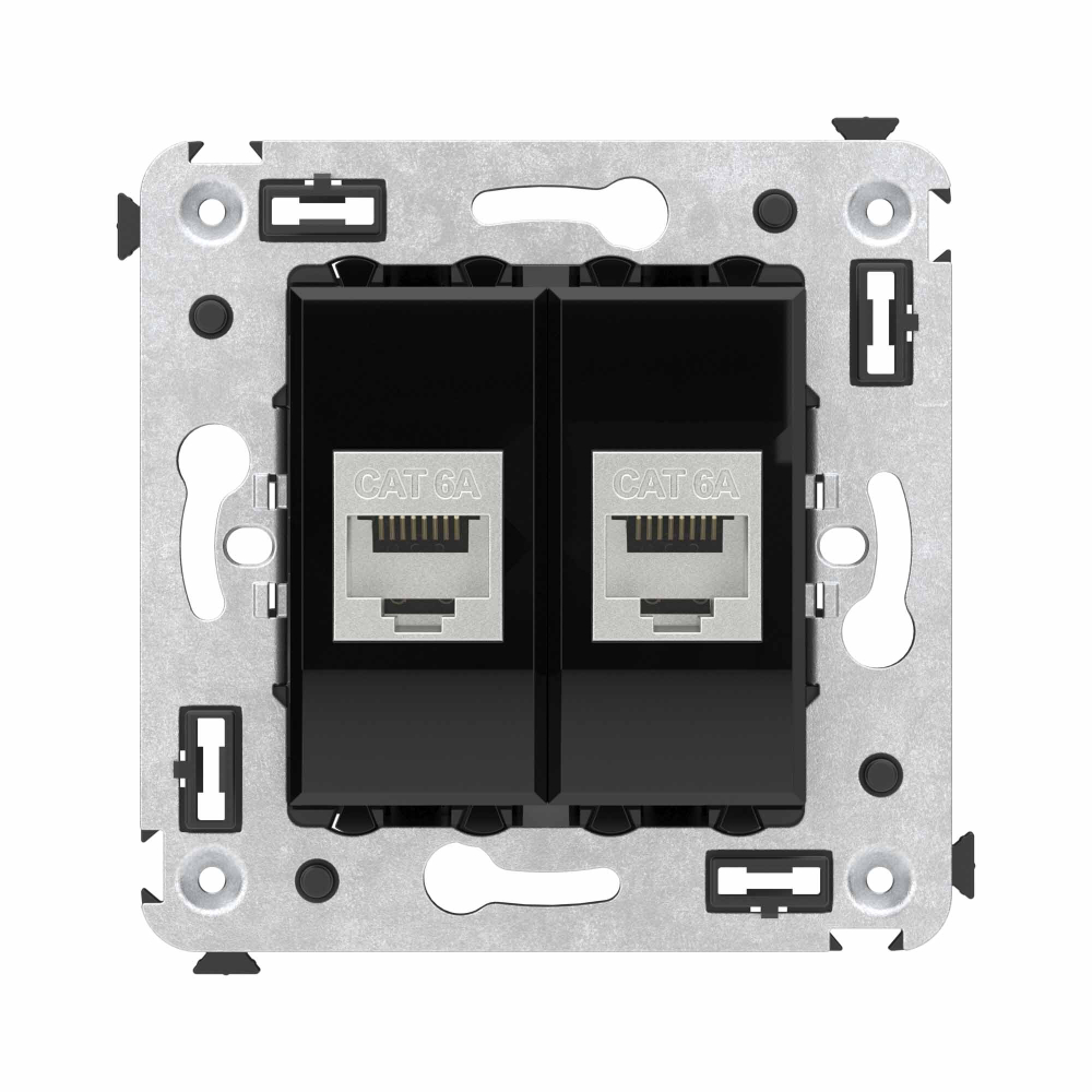 Компьютерная розетка RJ-45 без шторки в стену, кат.6А двойная экранированная, "Avanti", "Черный квадрат"