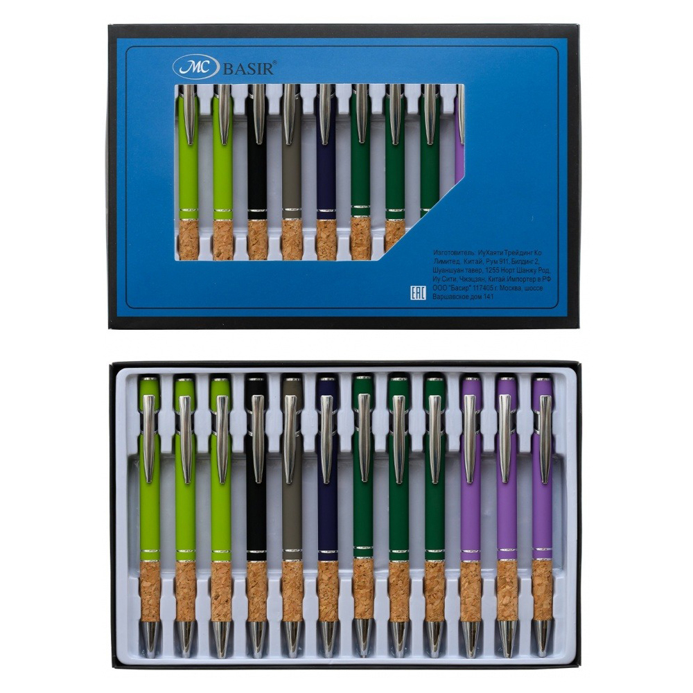 Ручка шариковая, автоматическая, Basir, синие чернила, металлическая, 6 цветов корпуса с пробковым держателем, 12 шт