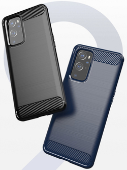 Мягкий чехол темно-синего цвета для OnePlus 9, серии Carbon (дизайн в стиле карбон) от Caseport
