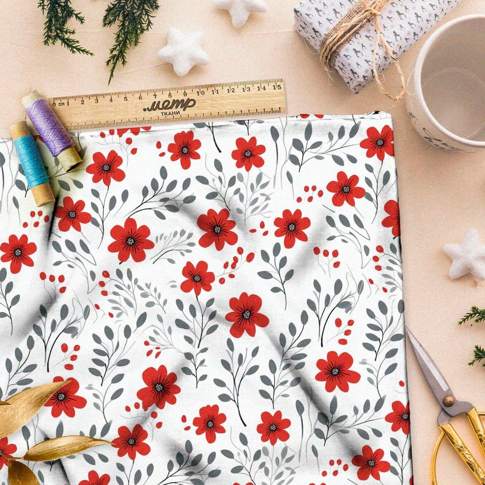 Ткань премиум бифлекс яркие красные луговые цветочки