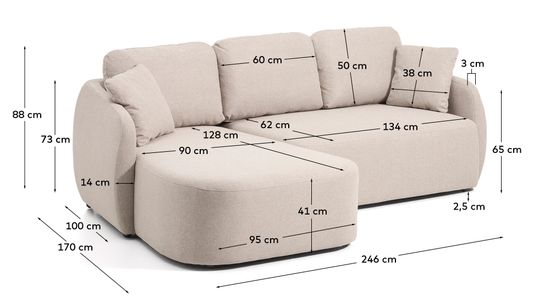 Трехместный диван-кровать Laira с левым шезлонгом из бежевого шенилла 246 см