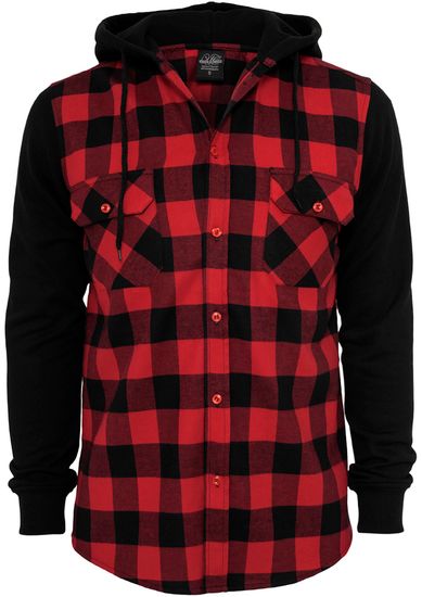 Рубашка URBAN CLASSICS Hooded Checked Flanell Sweat Sleeve Shirt  (Black/Red/Black)