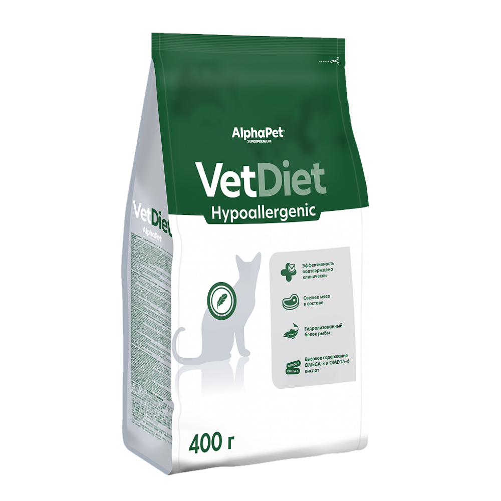 Уценка! Срок 06.08.26/ Сухой диетический корм AlphaPet VetDiet HYPOALERGENIC для взрослых кошек и котов при пищевой аллергии и непереносимости ингредиентов