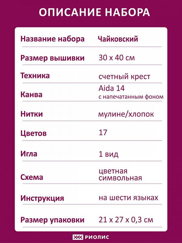 Набор для вышивания нитками Риолис, РТ Чайковский 30х40 см