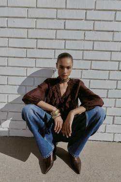 ZARA БЛУЗА С ВОЛАНАМИ, КОРИЧНЕВЫЙ