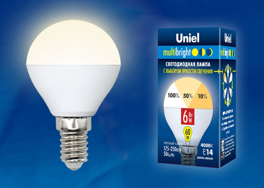 LED-G45-6W/WW/E14/FR/MB PLM11WH Лампа светодиодная. Форма «шар», матовая. Серия Multibright. Теплый белый свет (3000K). 100-50-10. Картон. ТМ Uniel.