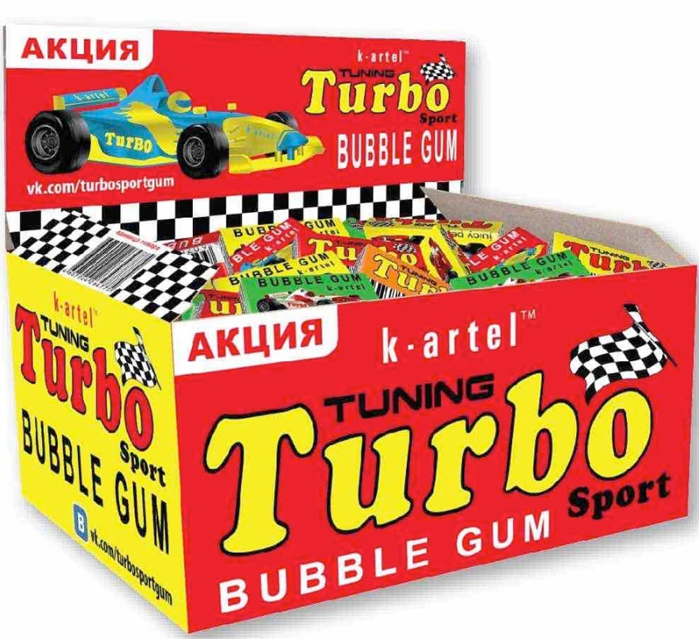 Резинка жевательная недражированная "TURBO" со вкусами вишни, дыни, персика 100шт*10блоков.