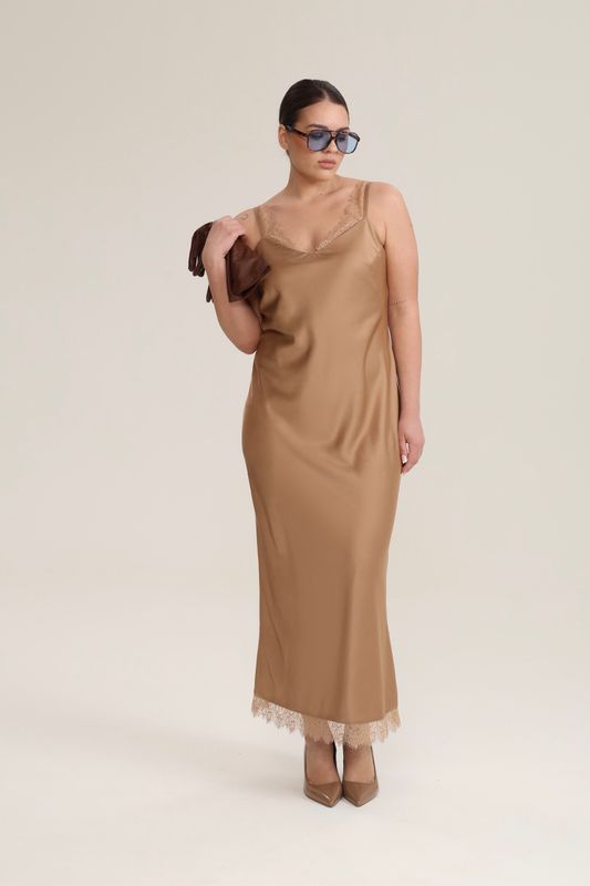 Платье-комбинация с кружевом, капучино