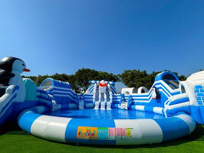 Надувной наземный аквапарк «Морское царство 3» с фигурой пингвина, 21*20*6 м