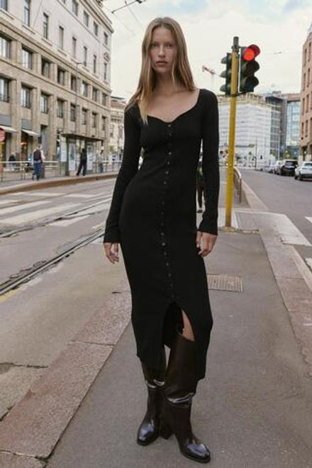 ZARA ТРИКОТАЖНОЕ ПЛАТЬЕ МИДИ В РУБЧИК, ЧЕРНЫЙ