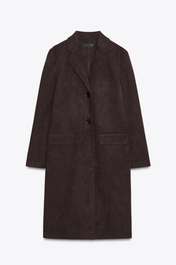 ZARA ПАЛЬТО-СЮРТУК ИЗ ТКАНИ ПОД ЗАМШУ, ШОКОЛАДНЫЙ
