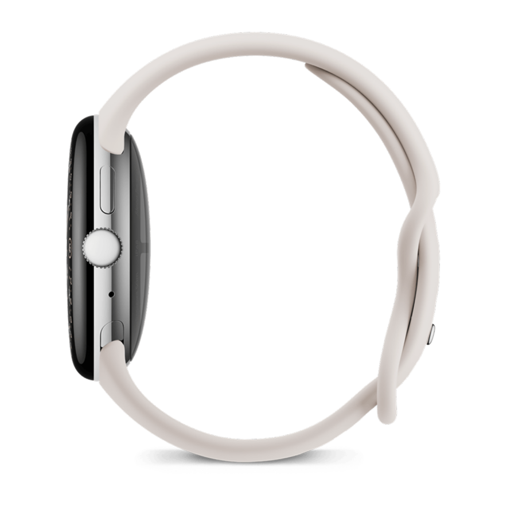 Умные часы Google Pixel Watch 4, 45 мм, Wi-Fi, ремешок фарфорового цвета Полированный серебристый корпус из переработанного алюминия, ремешок из фторэластомера с покрытием «софт-тач» и застёжкой pin-and-tuck — на запястье обхватом 150–215 мм