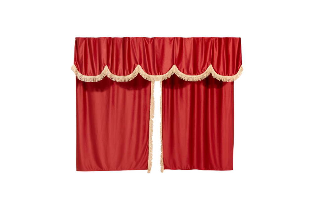 Шторы спального места с ламбрекеном в кабину Volvo, Scania, MAN, DAF, Merc, Камаз, Sitrak, Shacman, Foton, FAW. Высота 1,5м, ширина одной стороны - 1,15м. Блэкаут, велюр. Красный цвет с бежевой бахромой