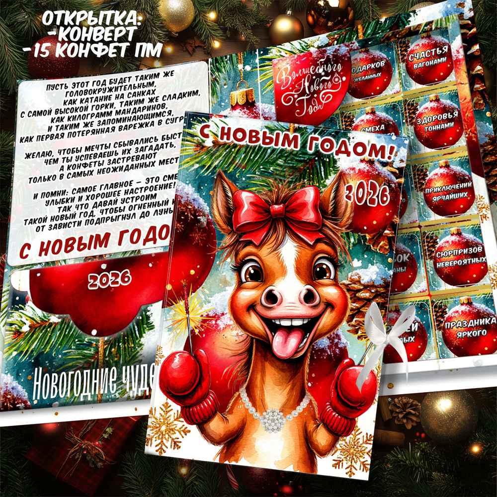 Новогодние предсказания-Лошадка,Шокобокс , набор 15 конфет+1мини плитка шоколада