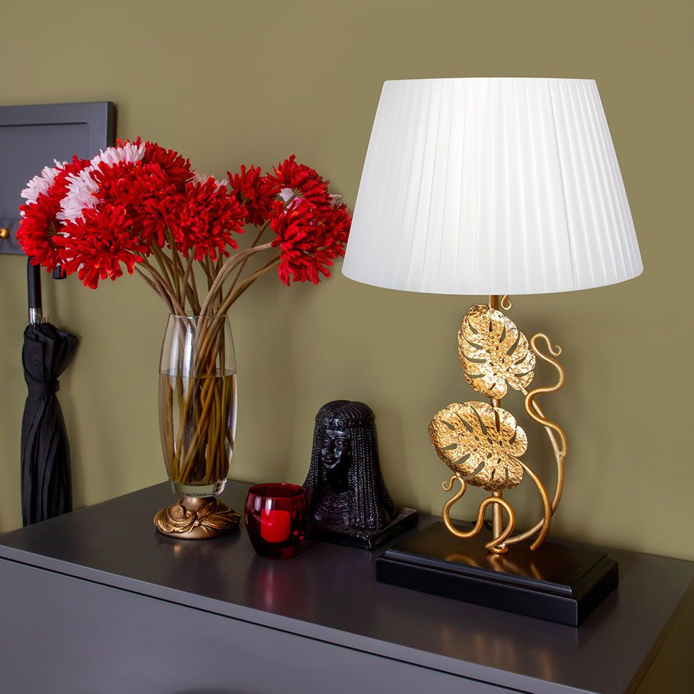 Настольная лампа Monstera Deliciosa (Монстера) Каштан Амбер с абажуром Шебби Белый