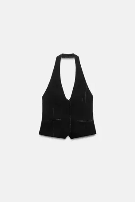 ZARA ТОП С ГОРЛОВИНОЙ ХАЛТЕР И ПУГОВИЦАМИ, ЧЕРНЫЙ