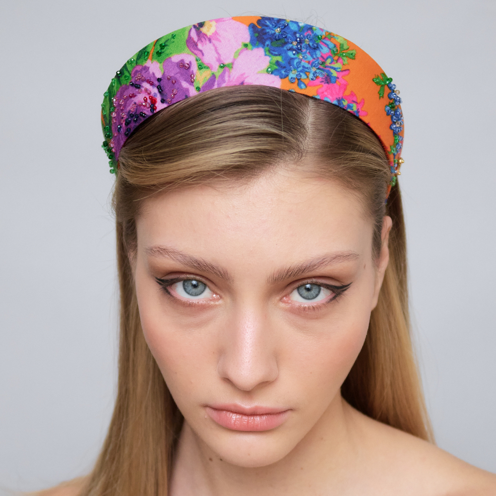 Кокошник S из оранжевого жаккарда расшитый камнями