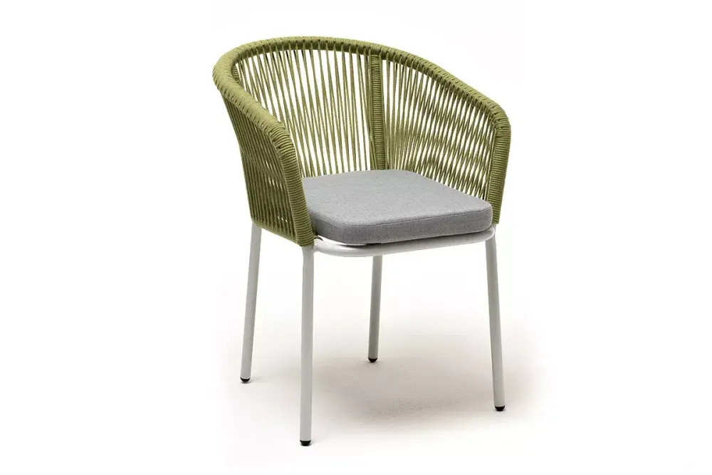 "Марсель" стул плетеный из роупа, каркас алюминий светло-серый (RAL7035) муар, роуп салатовый меланж круглый, ткань светло-серая