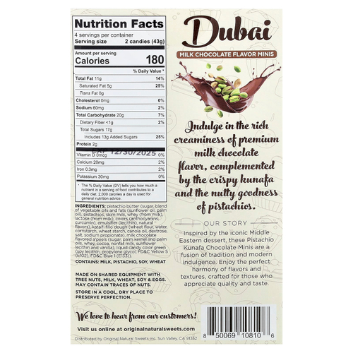 Original Natural Sweets, дубайский молочный шоколад, мини-печенье, 8 шт., 170 г (6 унций)