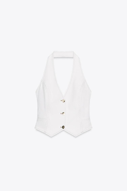 ZARA КОРОТКИЙ ДЖИНСОВЫЙ ТОП Z1975 С ГОРЛОВИНОЙ ХАЛТЕР, БЕЛЫЙ