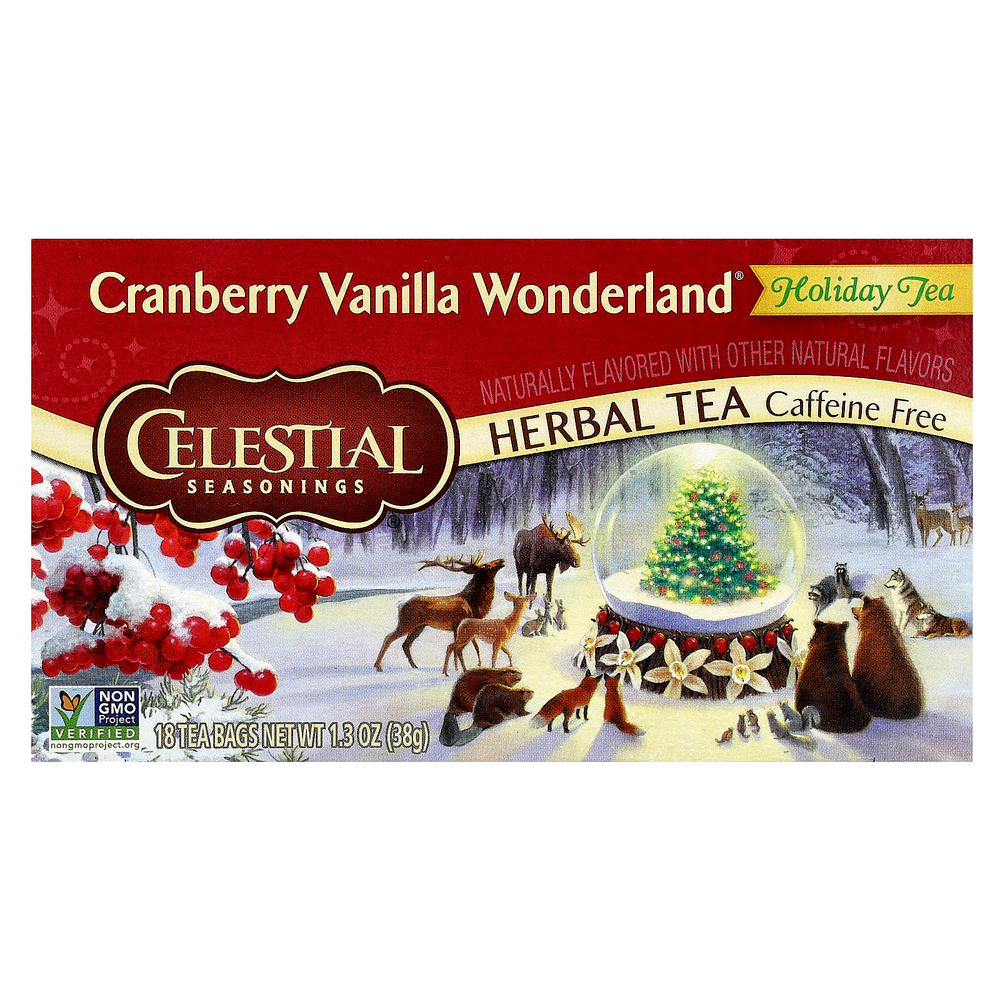 Celestial Seasonings, Holiday Herbal Tea, Cranberry Vanilla Wonderland®, без кофеина, 18 чайных пакетиков, 38 г (1,3 унции)