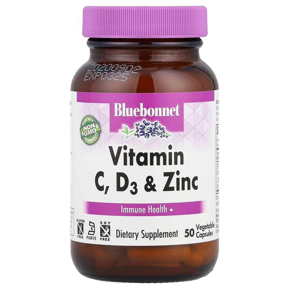 Bluebonnet Nutrition, витамины C, D3 и цинк, 50 растительных капсул