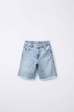 ZARA ДЖИНСОВЫЕ ШОРТЫ-БЕРМУДЫ RELAXED BAGGY С НАШИВКОЙ «ЗВЕЗДЫ», ГОЛУБОЙ