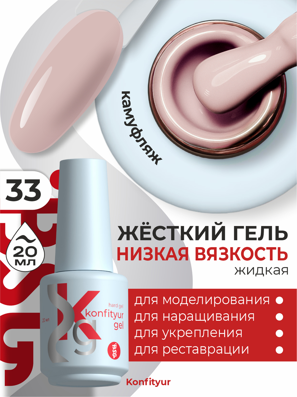 Жёсткий гель в бутылке Konfityur №33 НИЗКАЯ ВЯЗКОСТЬ - Пыльный розово-лиловый (плотный) (20 мл)