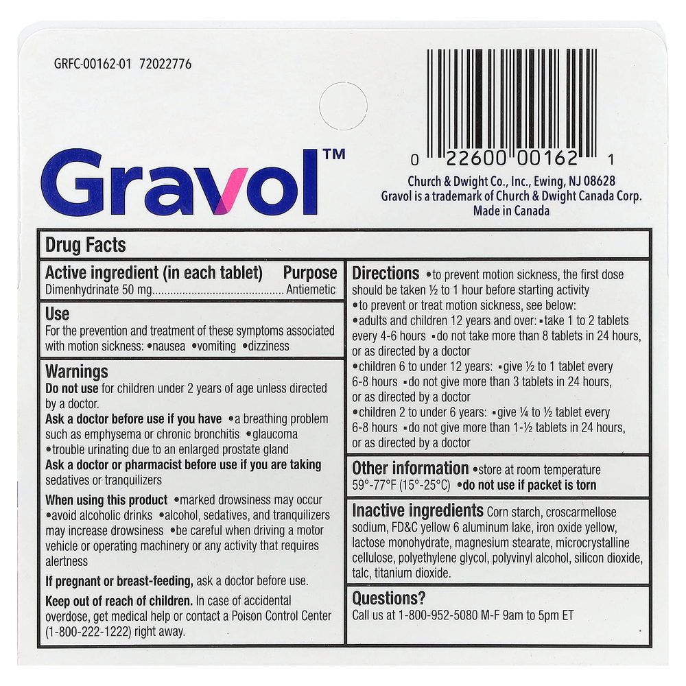 Gravol, средство от укачивания, 50 мг, 10 таблеток, покрытых оболочкой