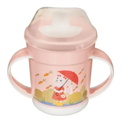 Поильник с ручками, декором и защитной крышкой, 320мл (светло-розовый)